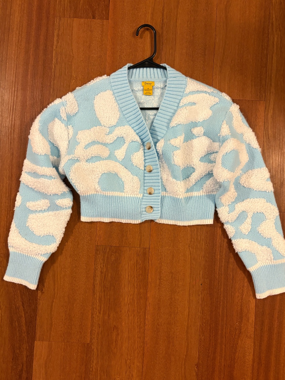 Daisy Blue White Textured Cropped Cardigan Sweater Size Medium Y2K